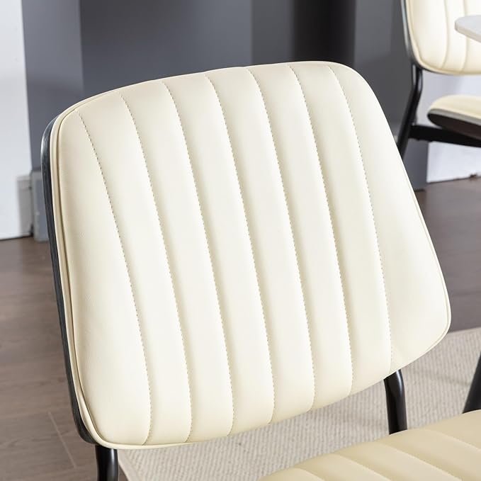 Dining Chairs Set of 4, Mid Century Modern Accent Dining Room and Kitchen Chairs, Upholstered PU Leather Vertical Stripe Chairs for Vanity with Walnut Bentwood and Metal Legs, Beige