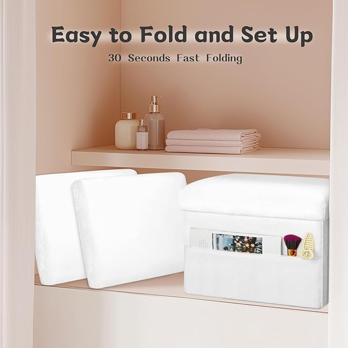 Storage Ottoman Cube, Small Ottoman with Storage with Thicker Furry Padded Seat. Folding Soft Fur Foot Rest Stool for Living Room Bedroom, Holds Up to 300 lbs, 17x13x13IN (White)