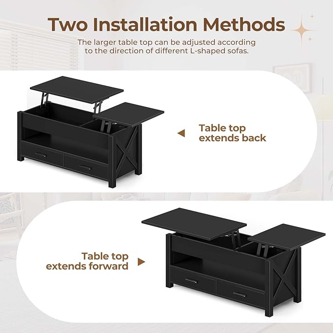 Seventable Coffee Table, 39.3" Lift Top Coffee Table with 2 Storage Drawers and Hidden Compartment, X Wood Farmhouse Support, Retro Center Table with Lift Tabletop for Living Room,Black