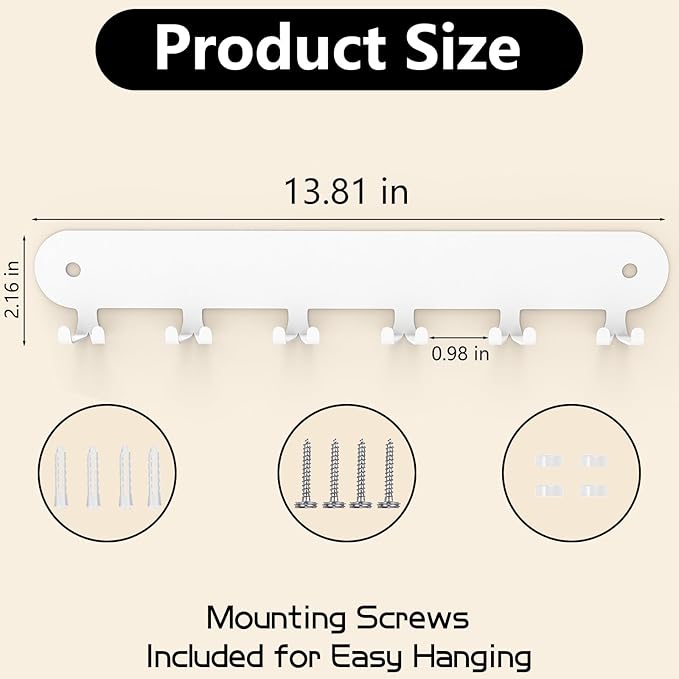 2 Pack Key Holder for Wall,Key Hooks,Key Holder Wall Mount Self Adhesive, Key Rack Wall Mount for Wall No Drill for Living Room, Kitchen, Bathroom, Garage (White, 12 Hooks)