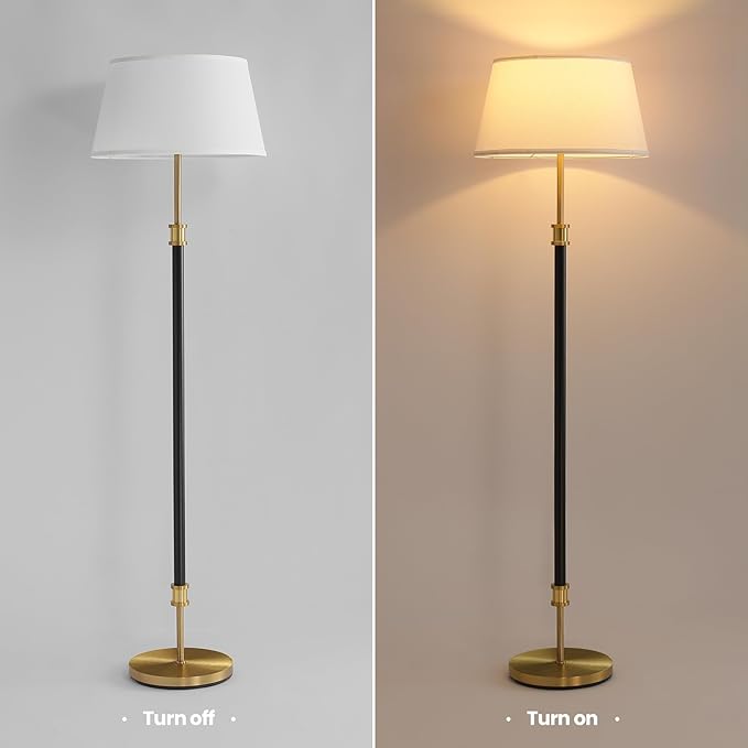 Modern Mid Century Floor Lamp with Soft Linen Shade, 63” Tall Black & Brass Standing Lamp, Weighted Base, Warm Ambient Light for Living Room, Bedroom & Reading Corners (Black & Gold)