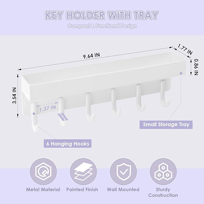 VIS'V Key Holder Wall Mount, Compact Adhesive Key Rack with Tray, 6 Hooks, 2 Mount Options, White