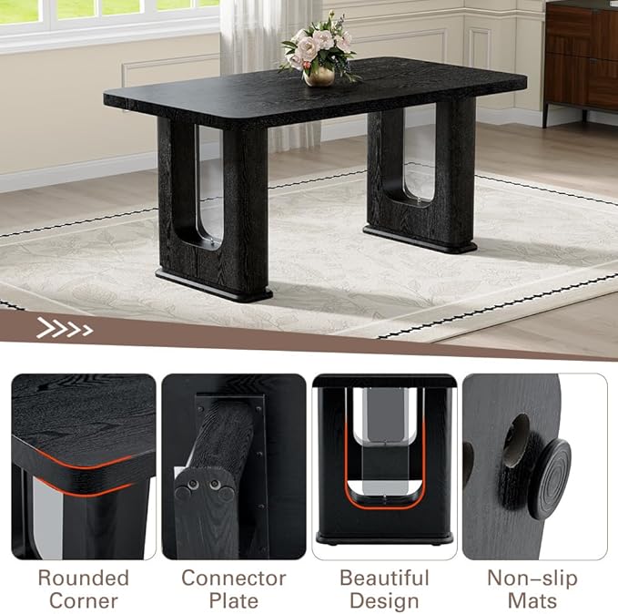 64.5" Black Dining Table Set for 6, Modern Kitchen Table and Chairs Set with PU Leather Cushioned Chairs & Decorative Pedestal Base, 7 Piece Wood Grain Dining Table Set for Dining Room or Kitchen