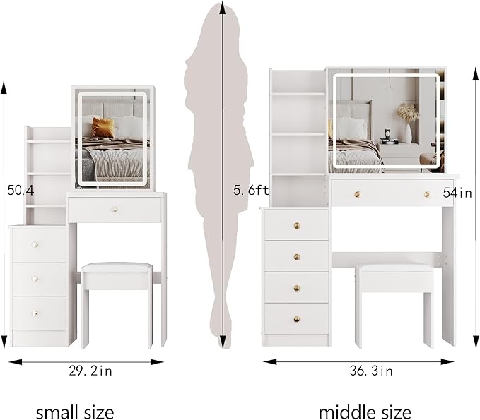 Makeup Vanity Desk Set with LED Lights and Chair, Compact Vanity Desk with Storage Shelves, 4 Drawers, Small Space Vanities with 3 Adjustable Lighted Mirror for Bedroom, White