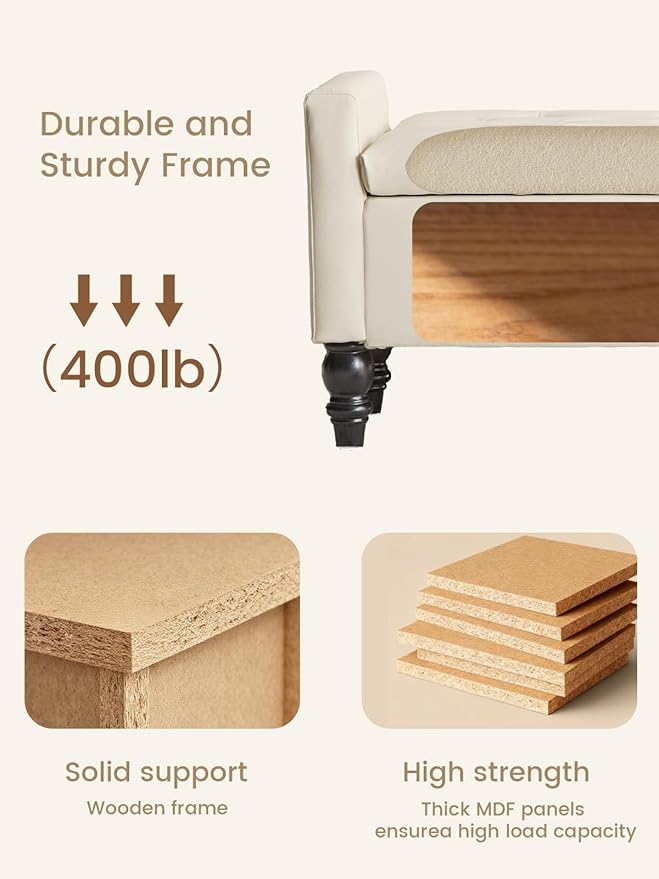 47" Storage Ottoman Bench, End of Bed Bench for Bedroom, Leather Upholstered Ottoman with Storage for Living Room, Entryway, Window (Beige)