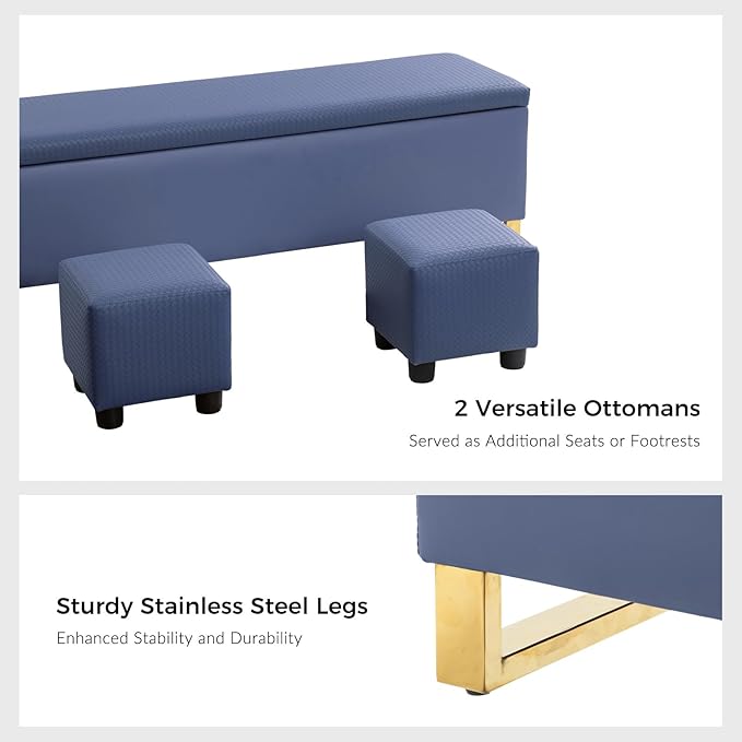 EcoHarbor Living Storage Ottoman Bench with Throw Ottomans, Modern End of Bed Bench, Upholstered Footrest Stool with Gold Legs for Living, Bedroom, Entryway and Hallway(Navy 60inch)