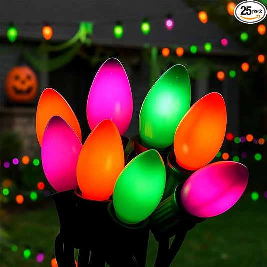 Halloween Lights, 25Ft C7 LED String Lights with Orange, Purple & Green Bulbs, Energy-Efficient, Waterproof, UL Certified for Outdoor & Indoor Halloween Yard, Porch, Patio, Garden Decorations