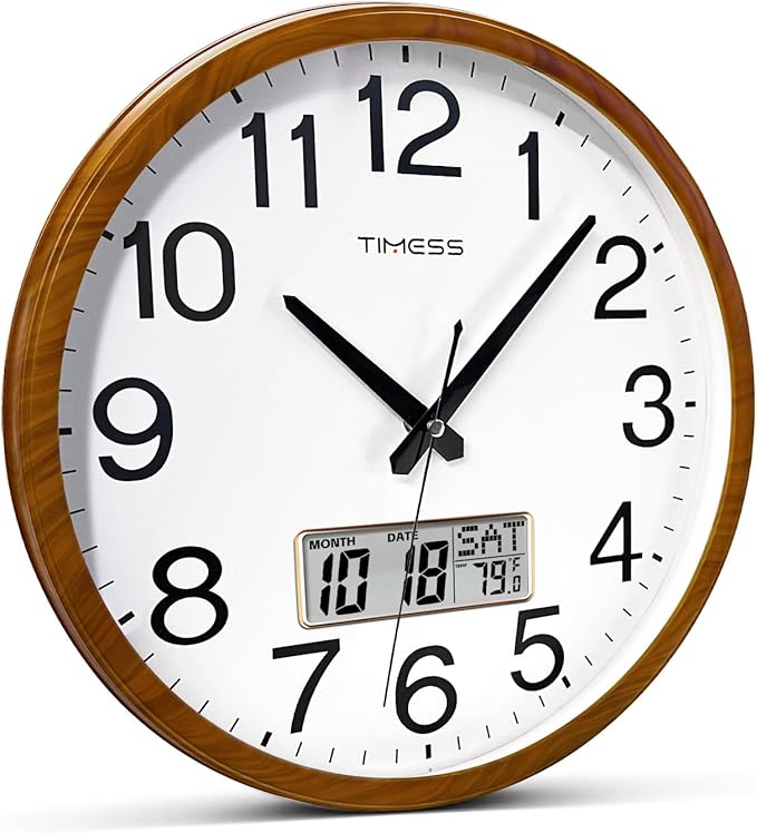 Wall Clock, Classic Wood Style Finish, 11 Inch Non-Ticking Silent Battery Operated Quartz Analog with Perpetual Calendar and F° Temperature Display, Home, Office Décor (Wood Yellow)