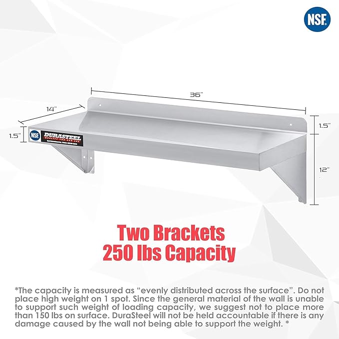 DuraSteel Stainless Steel Shelf - 36 Inch Wide x 14 Deep Commercial NSF Mounted Metal Wall Shelf Pantry Organizer Garage Storage Shelves - Rack Shelving Restaurant Kitchen Units Laundry Utility Room