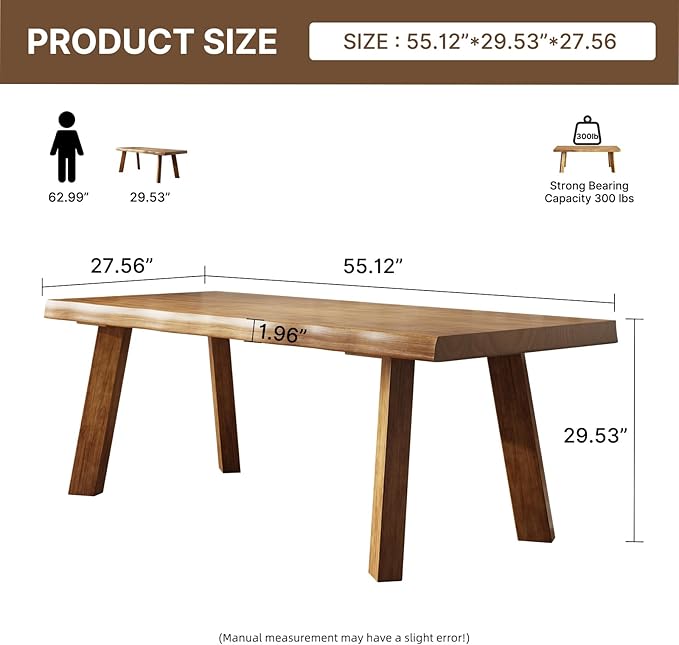 Solid Wood Desk 55 inches, Live Edge Wooden Home Office Computer Desk Modern Simple Design for Writing,Study,Dining,Gaming