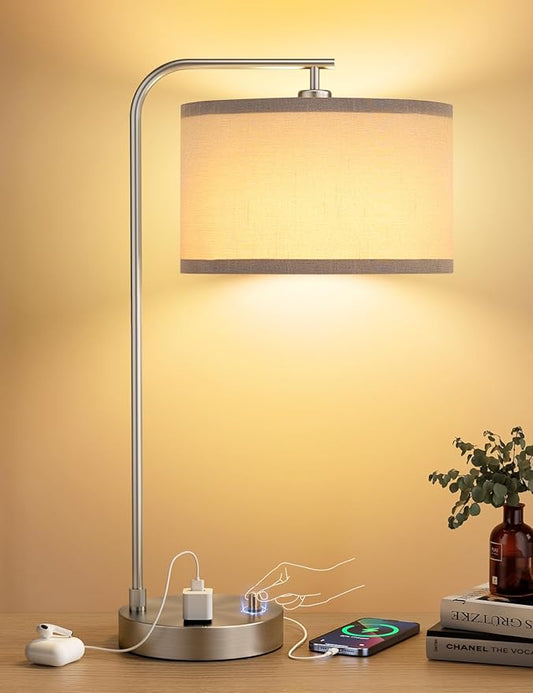 Innqoo Gray Side Table Lamp with USB Port and Outlet, Dimmable Nightstand Bedside Lamps with Linen Lampshade, Desk Lamp for Bedroom, Living Room, Guest Room, Home Office, LED Bulb Included