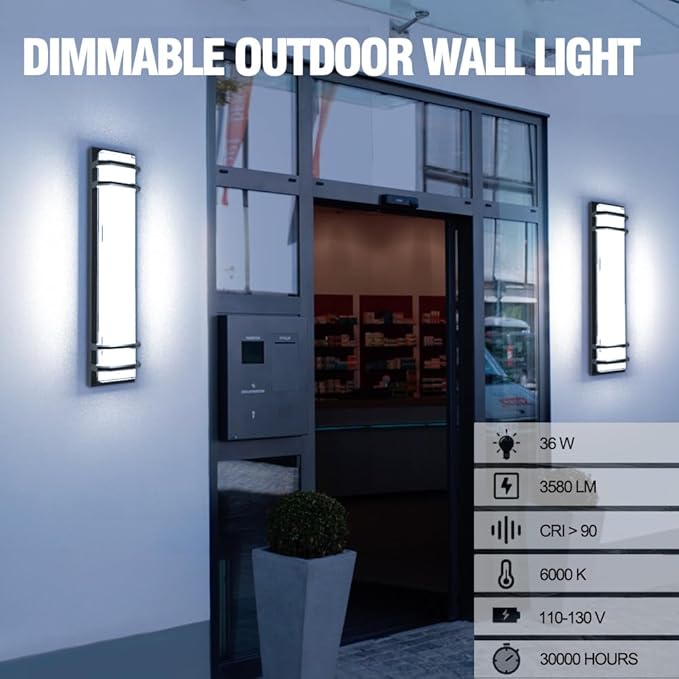 Sytmhoe 23.6in Large Outdoor Wall Lights, 36w 6000K LED Dimmable Modern Porch & Patio Wall Light Fixture, Black Exterior Sconce Wall Mounted Lights for Garage Living Room Courtyard House(6000K)