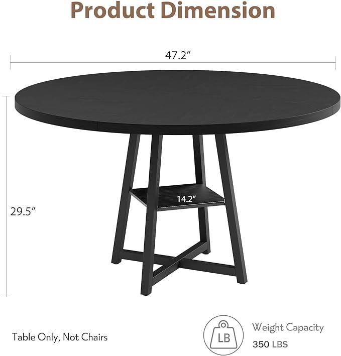 GAOMON Industrial Round Dining Table, 47 Inch Round Kitchen Table for 4, Dinner Table with Wooden Top and Metal Base for Dining Room, Living Room (Black, 47.2 in w/Storage)