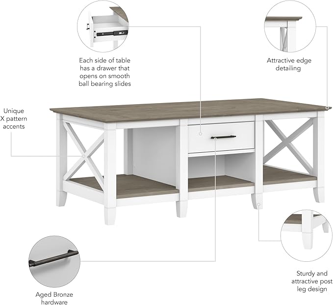 Bush Furniture Coffee Table with Storage with Aged Bronze Hardware | Key West Collection Center Counter for Living Room | 47Wx24Dx18H
