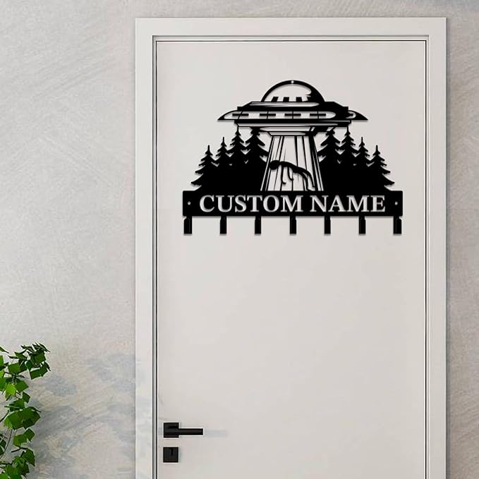 Personalized Custom Alien ET UFO Metal Wall Keys Hooks,Clothes Hooks Alien ET Art coat racks,door holder,Black Alien ET decorations for home,Entrance doors,Hallway, Bedroom,Keys,Hats (Style H)