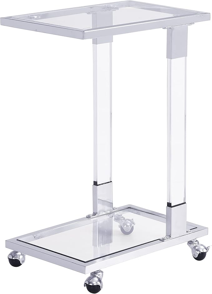 Goujxcy Clear Sofa Side Table C Shaped End Table with Wheels, Rolling Acrylic Bedside Laptop Snack Table TV Tray, Mobile Breakfast Tray Table with Tempered Glass Shelves and Clear Acrylic Frame