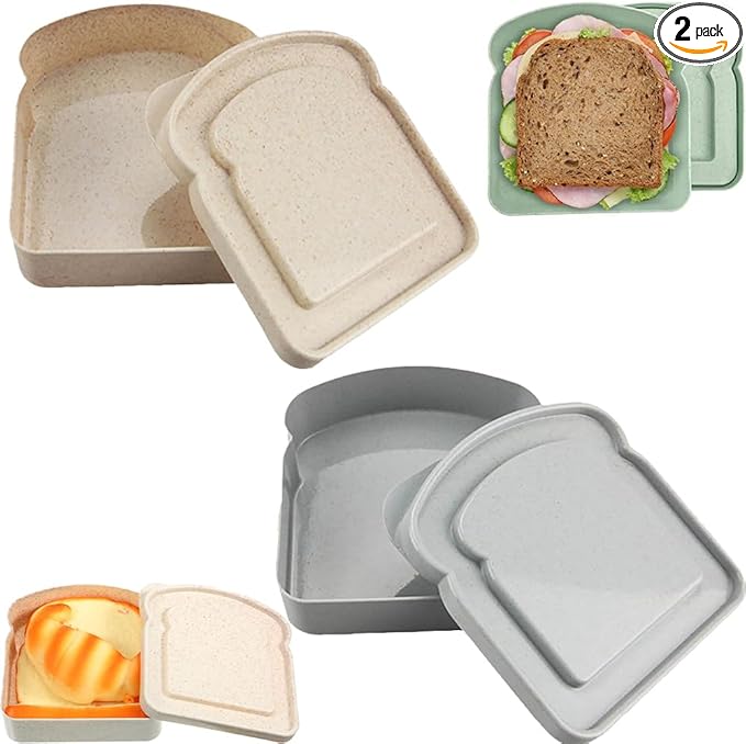 NADUSEP Sandwich Containers, 2 Pcs Sandwich Box Food Storage Toast Shape Holder Plastic for Lunch, Sandwich Keeper for Adults Prep Microwave (White Grey)