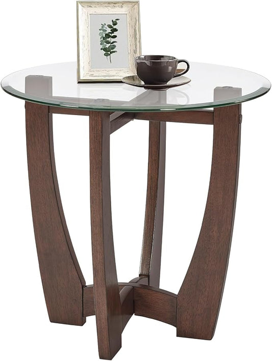 LKTART Glass End Table, 23.5" Round Side Tables with Tempered Glass Top Cross and Solid Wood Base Small Night Stand for Living Room Office Apartment Cherry