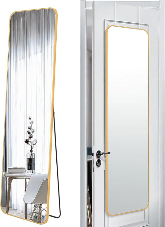 57x16 Door Hanging Full Length Mirror, Floor Stand (Height 5.7ft just Body in1.3ft) Wall Mounted Metal Frame Rectangle Dressing Mirrors for Bedroom Bathroom Room 57 inch Gold