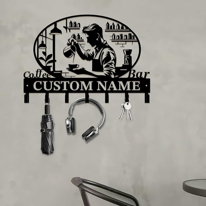 Coffee Bar Keys Holder - Metal Iron Wall Hooks with Custom Name | Personalized Home Decor & Gift Idea | Coffee-Themed Text Engraving Design (Style E)