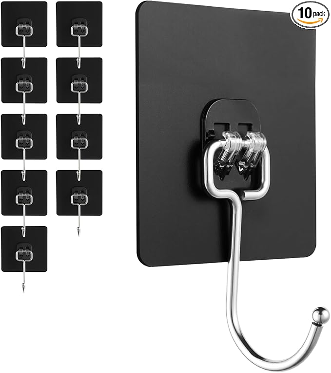 Adhesive Wall Hooks for Hanging - 60lb Heavy Duty Waterproof & Rustproof, Sticky Hooks for Walls No Damage, Kitchen/Bathroom/Rental (Ganchos para Pared) 10-Pack