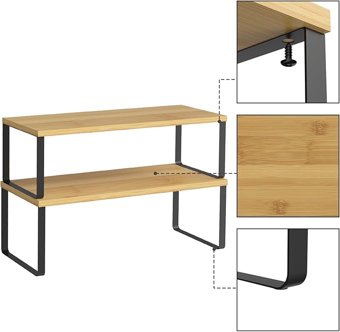 NEX Kitchen Cabinet and Counter Shelf Organizer, Stackable & Expandable, Set of 4, Black and Natural - 7.7 x 15.6 x 6.2''