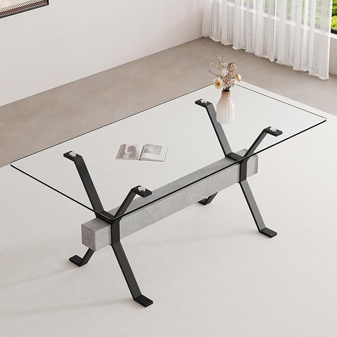 Glass Dining Table 71"｜Modern Dining Table for 6｜0.4" Thick Tempered Glass Top｜Matte Black Metal Legs｜Grey Crossbar｜Easy Assembly｜Perfect for Dining Room or Kitchen