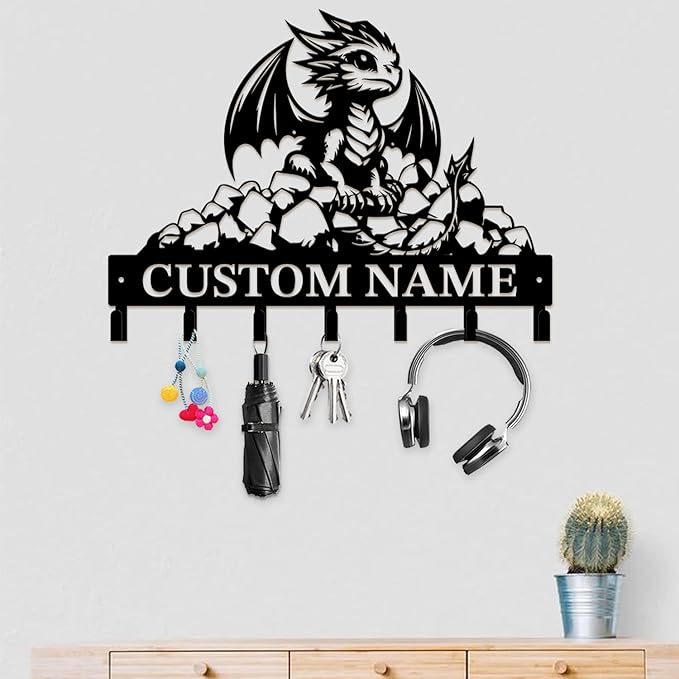 Customized Name Key Hook - Evil Dragon Design Keys Holder Decor Black Iron Metal Wall Organizer for Home & Office (Multiple Sizes) (Style C)