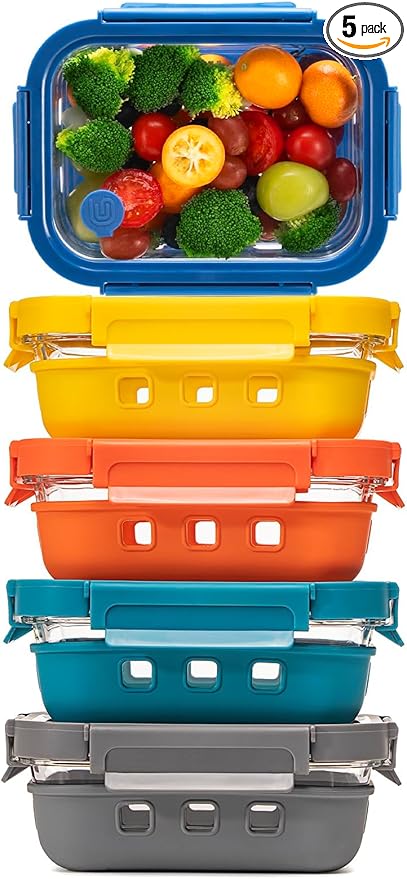 GENICOOK 2.7 CUP Glass Food Storage Containers with Glass Lids,5 Pack-Aitight Meal Prep Container Set with Silicone Sleeve, BPA-Free, Dishwasher, Microwave, and Freezer Safe