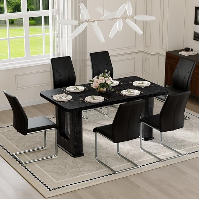 64.5" Black Dining Table Set for 6, Modern Kitchen Table and Chairs Set with PU Leather Cushioned Chairs & Decorative Pedestal Base, 7 Piece Wood Grain Dining Table Set for Dining Room or Kitchen