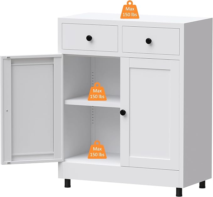 Metal Storage Cabinet with 2 Drawers and Adjustable Shelf, Sideboard Buffet Cabinet for Home, Office, Hallway, Entryway, Living Room, Kitchen Pantry and Dining Room (34.8" H, with Feet, White)