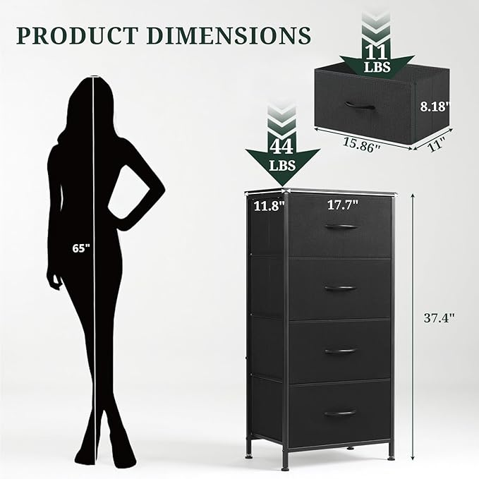 Nightstand, 4 Drawer Dresser End Table Bedside Furniture with Wooden Top Steel Frame Fabric Bins for Bedroom, Closet, Entryway, Dorm, Living Room, Black