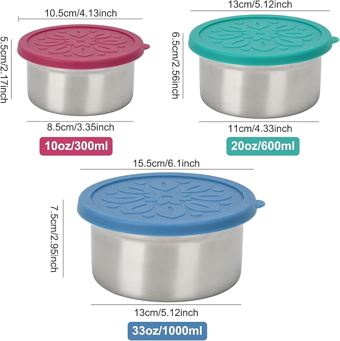 304 Stainless Steel Snack Containers, 3pcs Food Storage Containers with Leakproof Silicone Lids Lunch Box Dressing Containers for Condiments Dishwasher & Freezer Safe