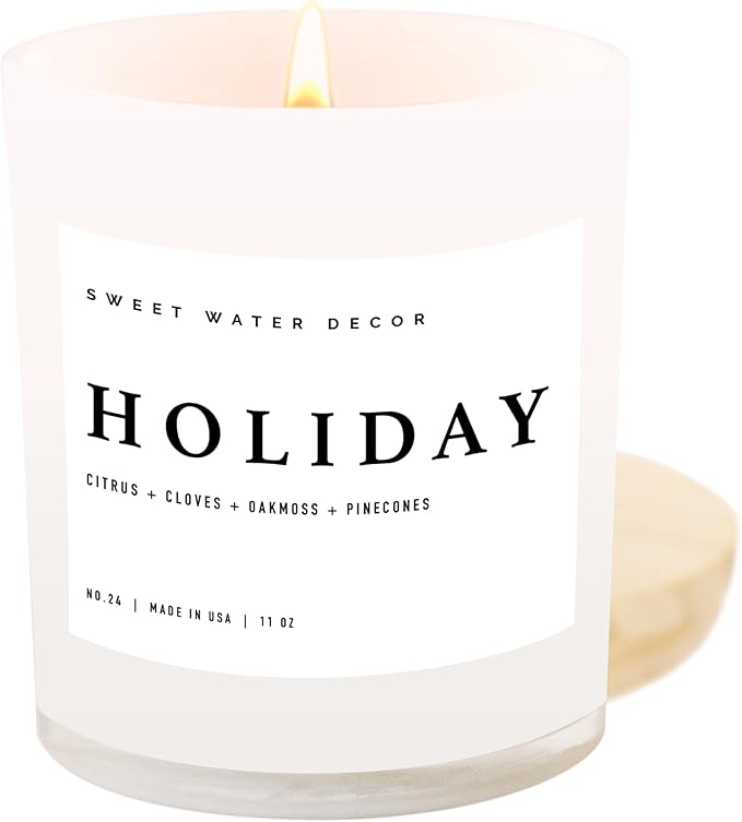 Sweet Water Decor Holiday Soy Candle - Citrus, Cloves, Black Dahlia Petals, Pine Cones and Oakmoss Holiday Scented Candles for Home - 11oz White Jar + Wood Lid, 50+ Hour Burn Time, Made in The USA