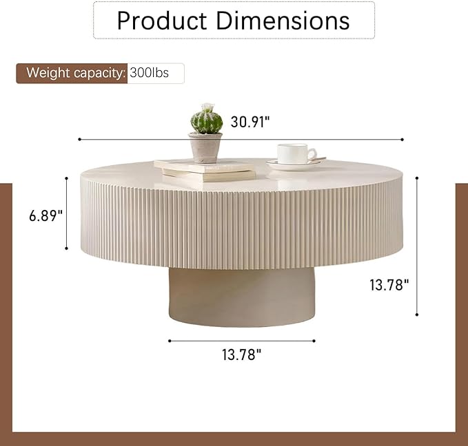 Fluted Coffee Tables 30.91" Round Wood Coffee Table Modern Handcraft Drum Coffee Table with Sturdy Pedestal Circle Luxury Center Tables for Living Room Home Office,White Thickened