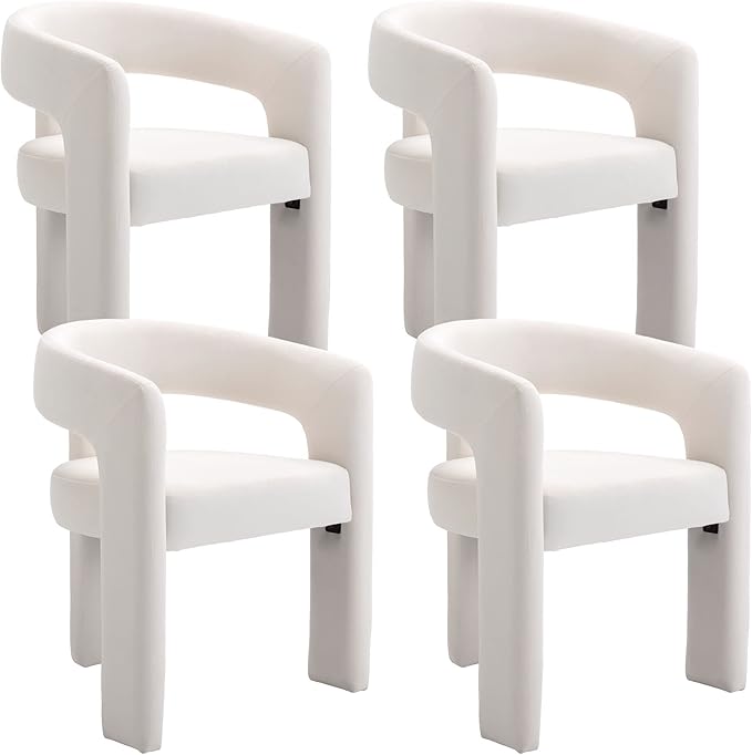 Set of 4 Modern Velvet Fabric Upholstered Dining Chairs with Open-Back, Cute Barrel Side Chairs Kitchen Armchair Accent Chairs for Dining Room Bedroom, Ivory