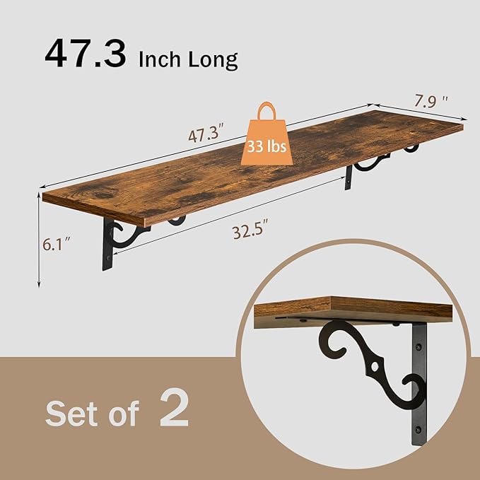 DINZI LVJ Long Wall Shelves, 47.3" Large Floating Shelves Set of 2, Farmhouse Display Shelf Wall Mounted with Heavy Duty Brackets, Easy Assembly for Kitchen, Bathroom, Bedroom, Balcony, Rustic Brown