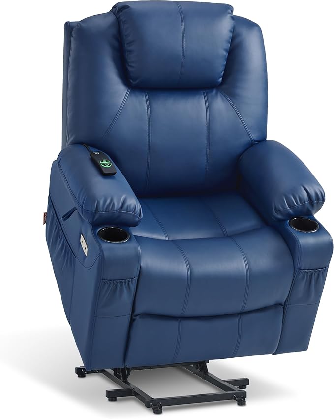 MCombo Electric Power Lift Recliner Chair Sofa with Massage and Heat for Elderly, 3 Positions, 2 Side Pockets, and Cup Holders, USB Ports, Faux Leather 7040 (Blue, Medium)