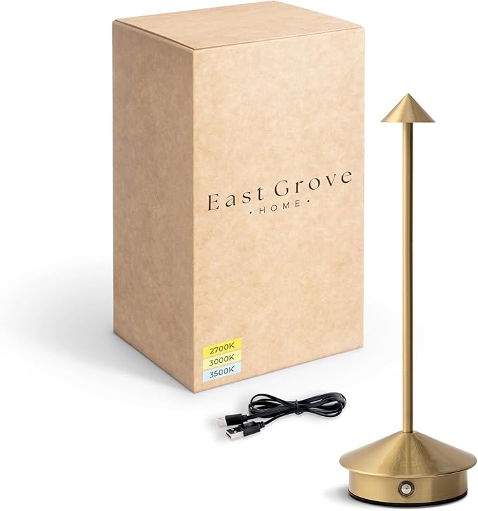 Arrrow LED Cordless USB-C Re-Chargeable Desk Lamp, 5200mAh Battery Operated with 3 Color Temperature 2700K-3000K-3500K and Fingertip Touch On/Off Plus Dimming in Satin Brass