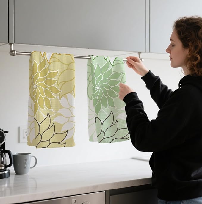 2-Pack Boho Floral Abstract Waffle Towels, Flower Hand Towel for Bathroom Decor, 16x24 Inch Neutral Yellow & Green Flower Dish Tea Towel Decor for Kitchen/Bath/SPA,Gift for Friends.