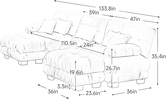 133.8" Oversized Couch, 3 Seater Modular Sectional Sofa, Grey Large U Shaped Sectional Couches for Living Room, Fluffy Couches Set, Chenille Cloud Couch with Ottoman, Sofas for Living Room