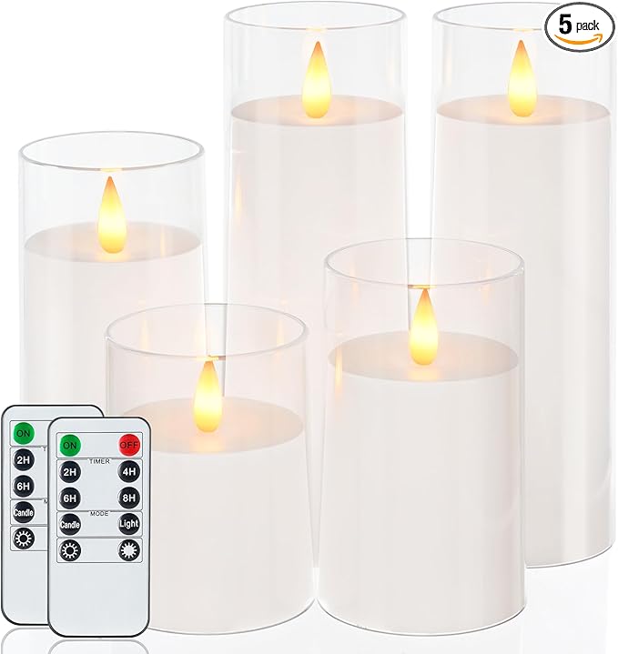 Homemory Realistic Flickering Battery Operated Candles, LED Fake Electric Candle with Remote Control and Timer, Flameless Candles for Home, Christmas Decoration, White, Set of 5