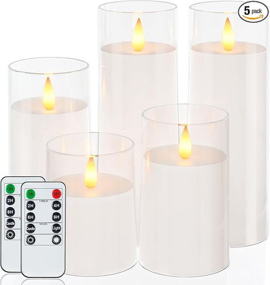 Homemory Realistic Flickering Battery Operated Candles, LED Fake Electric Candle with Remote Control and Timer, Flameless Candles for Home, Christmas Decoration, White, Set of 5