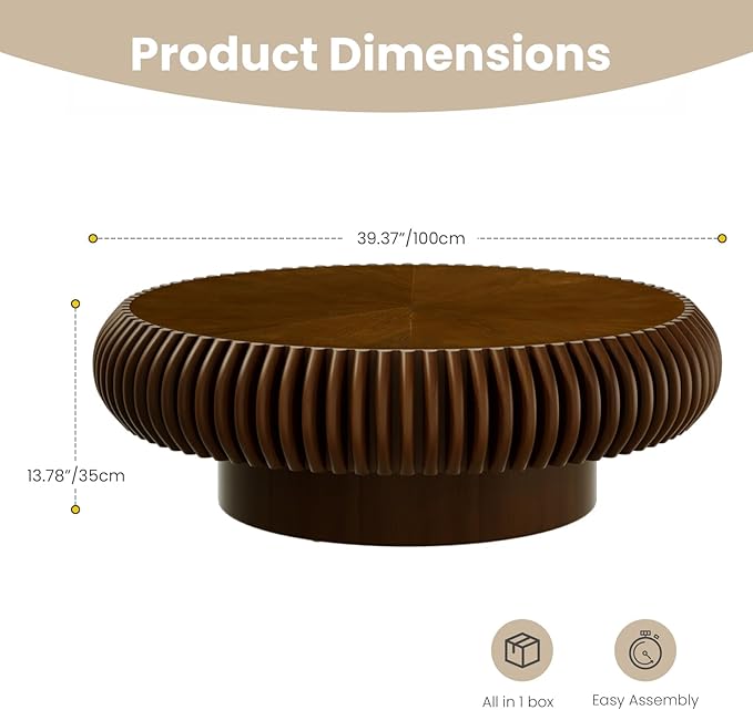 Round Fluted Coffee Table Modern Handcraft Drum Coffee Table with Sturdy Pedestal 39.37" Farmhouse Center Table Tea Table for Living Room, Reception Room, Entertainment Room (Walnut 39.37")