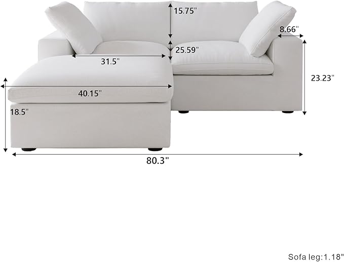 Cloud Modular Sectional Sofa,80.3" Down Filled Comfort Sofa Couch for Living Room,2 Seater+ 1Ottoman Couches for Livingroon Apartment,Sofa Cover Washable and Replaceable-White