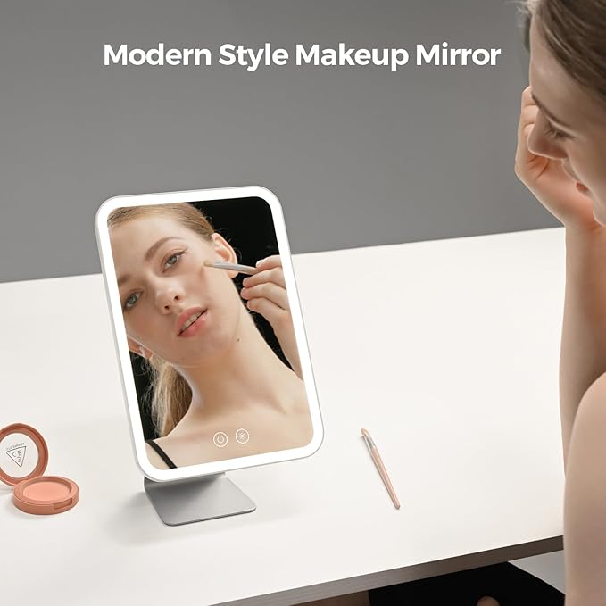 Lighted Makeup Mirror, Metal Table Mirror with Stand, 2000 mAh Rechargeable Vanity Mirror with 3 Colors and Brightness Adjustable, 12 Inch Light up Mirror