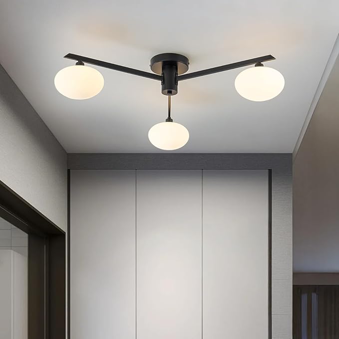 Semi Flush Mount Ceiling Light Fixture, Mid Century Modern 3-Light 22.5" Lighting Fixtures Ceiling, Matte Black Ceiling Lights for Bedroom, Entryway, Hallway, Bathroom, Kitchen, Dining Room