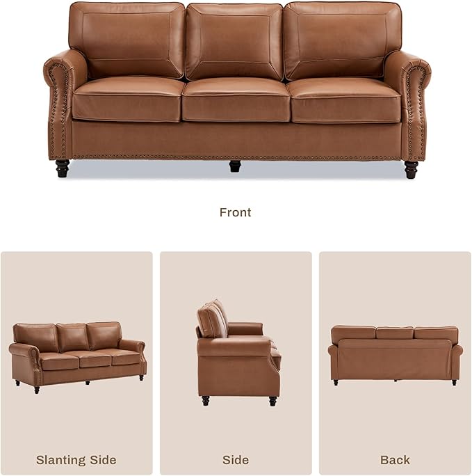 WILLOVE 79'' Faux Leather Sofa, Classic 3 Seater Leather Couch with Rolled Arm and Nailhead Trim, Mid-Century Modern Couch for Living Room, Apartment, Easy to Install, Brown