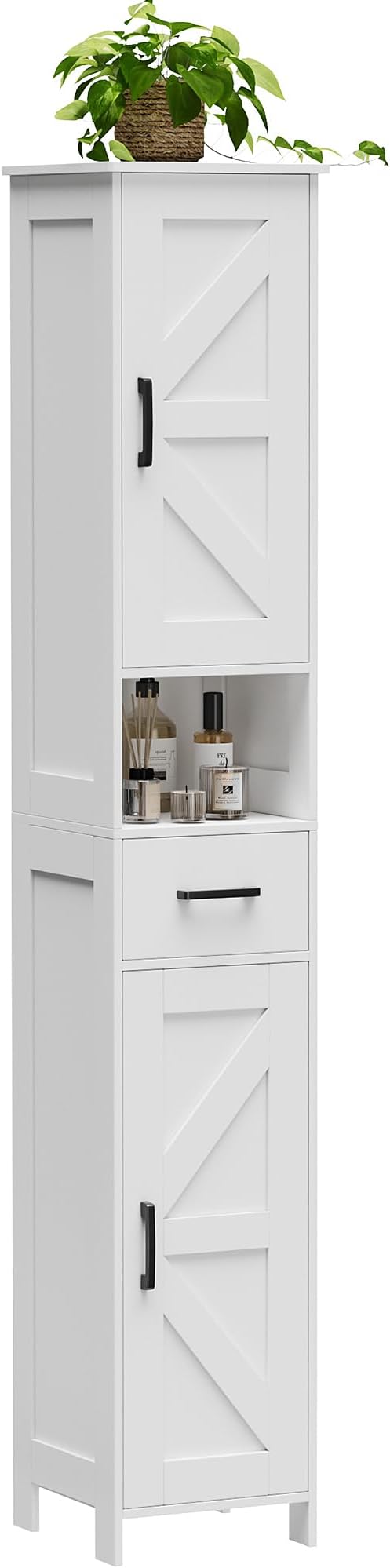 Homhedy 67" H Tall Bathroom Storage Cabinet with 2 Barn Doors and 1 Drawer, Narrow Storage Unit, Adjustable Shelves, Floor Cabinet for Bathroom, Living Room, Entryway, Kitchen, White, (11.8" W)