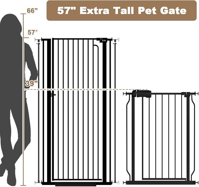 57" Extra Tall Pet Gate for Doorway 33.86'' - 38.58'' Wide Cat Gate Indoor for Stairs, Pressure Mounted Auto Close Tall Dog Gate Baby Safety Child Gate for Kids Dogs Puppy Cats (Black)